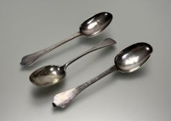 A pair of Queen Anne silver trefid spoons, Francis Archbold, London 1703, each with reeded