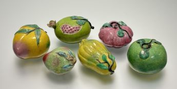 A group of six Chinese glazed pottery altar or temple fruits, probably late Qing Dynasty comprising: