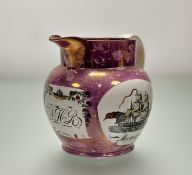 A large Sunderland pink lustre jug, early 19th century, decorated with a polychrome vignette of