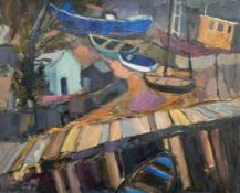 Y Sheila MacMillan D.A., P.A.I. (Scottish, 1928-2018), Boatyard, signed lower left, oil on canvas,