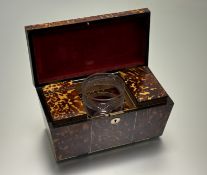 A large late George III ivory-inlaid tortoiseshell tea caddy, early 19th century, of tapered