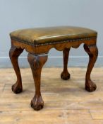 A good burr elm reproduction George III style stool upholstered in antiqued leather, with
