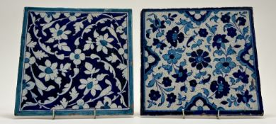 Two square cobalt and turquoise blue Iznik style pottery tiles, probably Kutahya, Turkey, 20th