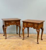 A pair of burr elm high quality reproduction lowboy lamp tables, each with centre short drawer,