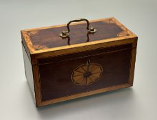 A George III satinwood and mahogany tea caddy, c. 1800, the cover with corner fan inlay, the front