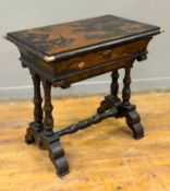 A late 19thc Japanese export ware black lacquered table on stand, the heavily decorated hinged top