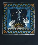Early 20th Century School, Pierrot and Commedia Dell'Arte figures within a stage curtain, oil on