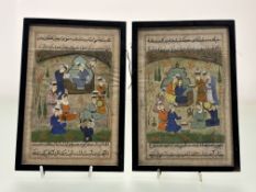 Two Indo-Persian miniatures, ink and gouache, presumably leaves from a volume, one with figures
