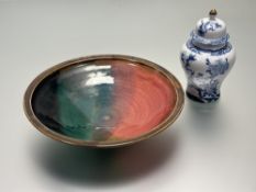 A Studio Pottery fruit bowl, with multi coloured crackle glaze decoration (h-8cm w-32cm) together