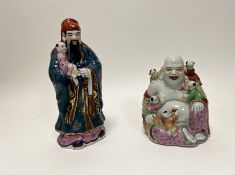 A late 20thc Chinese Famille Rose laughing Buddha with children (h. 22cm), together with a late