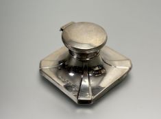A Birmingham silver capstan style desk inkstand with hinged top missing glass liner on octagonal
