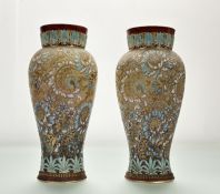 A pair of Royal Doulton Lambeth Slaters vases, with impressed silk work decoration highlighted in