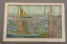 Irene Halliday (Scottish 1931-2023), Fishing Cabins, gouache, signed bottom left, paper label verso,