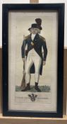 An 18thc Scottish School engraving of an Edinburgh Volunteer coloured after, framed (18cm x 7.5cm)
