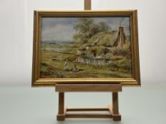 A 19thc School, Rural Cottage in Spring with children playing, watercolour, monogrammed F bottom