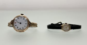 A vintage 9ct gold wristwatch with white enamel dial on expanding gilt metal bracelet: d . x 2.5cm