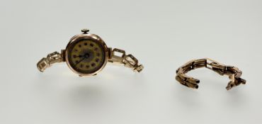 A vintage 9ct gold wristwatch on gold plated link bracelet: d. x 2cm 17.24g not working and two