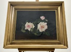 A Cowley, Pink Roses Still Life, oil on canvas, signed bottom right, in a glazed gilt frame. (