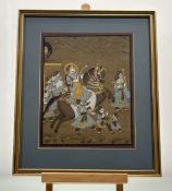 Indian School, Warrior on horseback with army, gouache on brown silk, in a glazed frame. (
