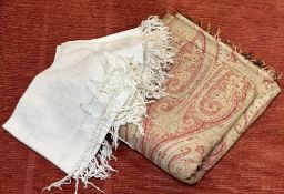 A late 19thc machine-woven wool paisley shawl of traditional design with lotus flower, leaf, and