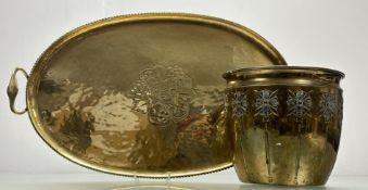 An Arts & Crafts Hugh Wallis, brass twin handled serving tray, with hammered finish and central vine