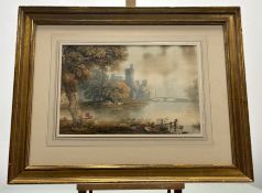 A 19thc School, Fisherman by the river with castle and bridge to background, watercolour and pencil,