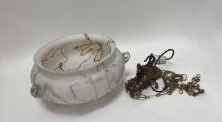 An Art Deco style frosted glass marbled light shade, with brass hanging chain (d. of shade 26cm)