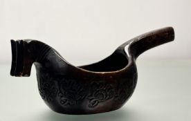 A Scandinavian treen twin pony headed grain scoop with chip wood decoration: h. x 15cm l. x 36cm