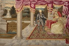 A 19thc sewn work panel on painted silk using coloured silk running stitch depicting Mary Queen of