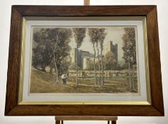 William Renison (Scottish 1852-1940), Castle Landscape scene with figure, etching coloured after,