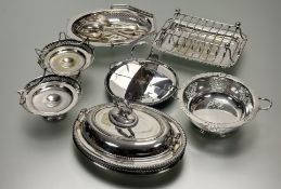 A collection of epns to include, two oval entree dishes and covers, a four division cake stand, a