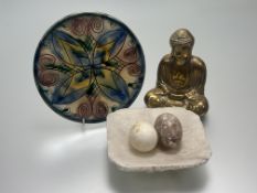 A collection of decorative wares comprising, a cast brass seated buddha figure (h-18cm), a hand-