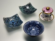 A pair 1960's square enamelled splatter bowls (w-9cm), a sugar pot with hand-painted thistle