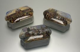 A trio of late 19thc Prattware porcelain rectangular dishes with covers depicting various Wouvermann