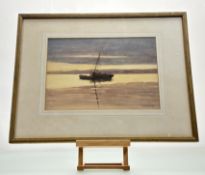 Signed Indistinctly, Sailboat on water at sunrise, watercolour, signed pencil bottom right, in a
