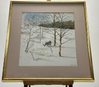 J. McNulty (Irish/American 1949-), Snowy Winter Study with tabby cat, watercolour and pencil, signed