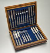 A Victorian satinwood cased Sheffield silver hand set of twelve plated bladed fruit knives and ten
