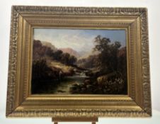 A 19thc School, River Bank with Fisherman, oil on canvas, signed bottom right, in a gilt