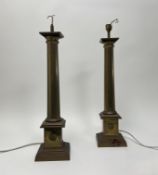 A pair of late 20thc corinthian-form brass table lamps with stepped bases and additions of
