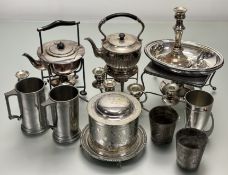 A collection of epns to include, two teak kettles on stands, an Edwardain engraved buiscuit