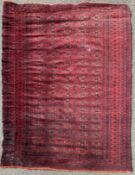 A hand-knotted Afghan rug, central panel with five rows of repeating gol motifs, enclosed within a
