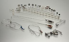A collection of silver and white metal jewellery to include a silver flat link chain necklace with