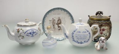 A collection of various decorative wares comprising, a biscuit barrrel with a highly decorated