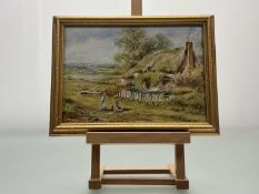 A 19thc School, Rural Cottage in Spring with children playing, watercolour, monogrammed F bottom