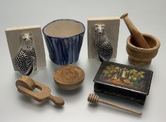 A collection of various decorative wares comprising, a pair of off-white and black moulded cat
