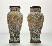 A pair of Royal Doulton Lambeth Slaters vases, with impressed silk work decoration highlighted in