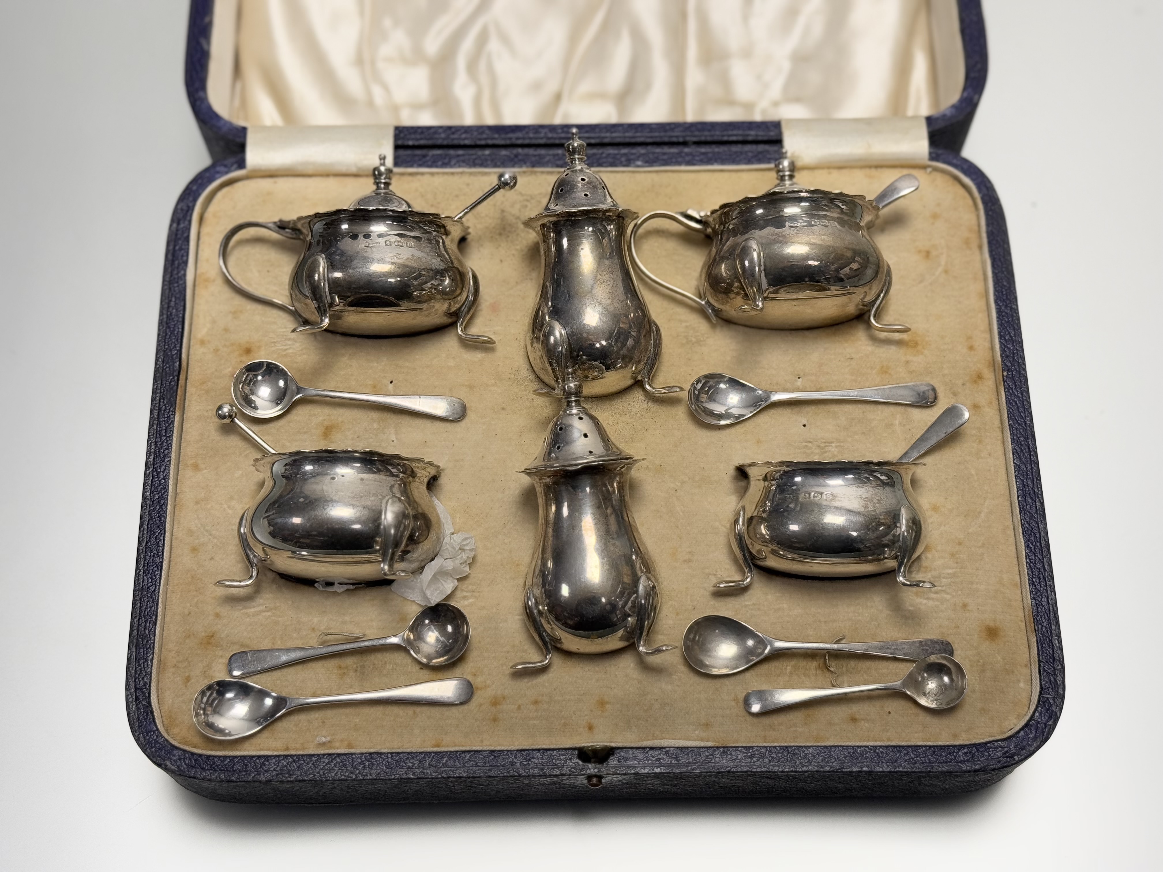 A Mappin & Webb Birmingham silver six-piece condiment set to include a pair of cauldron salt sellers - Image 2 of 2