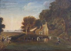 A 19thc School, European Countryside Road with house and cattle, oil on board, unsigned, in a gilt