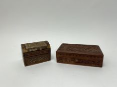 A contemporary Egyptian wooden inlaid micro mosaic box with hinged lid revealing red velour interior