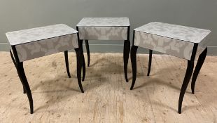 A set of three contemporary bedside/ lamp tables, the glass tops with damask patterns over a central